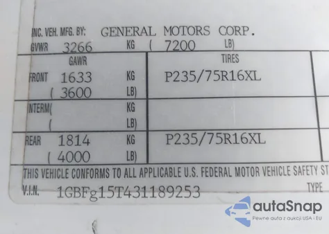 2003 Chevrolet Express Upfitter из США, поврежденный, VIN 1GBFG15T431189253